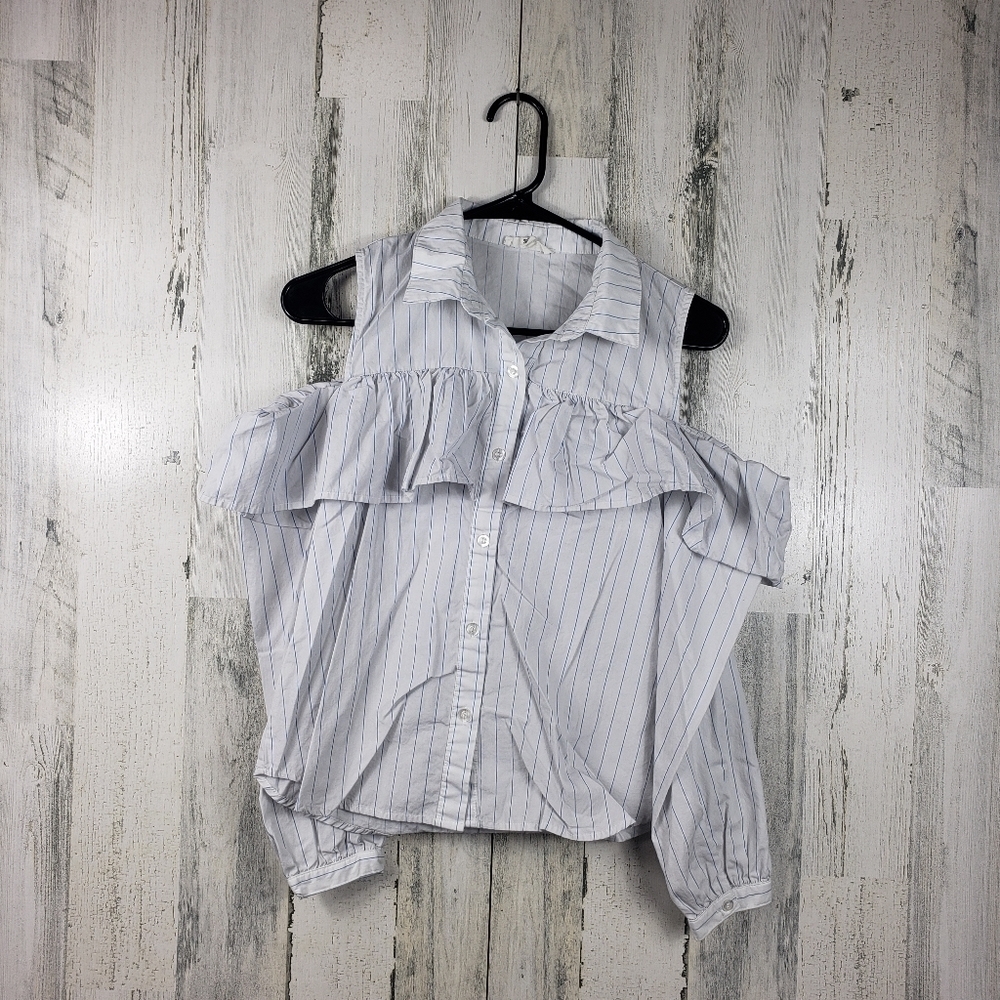 Mine ruffled button down cold shoulder long sleeve shirt women's size small